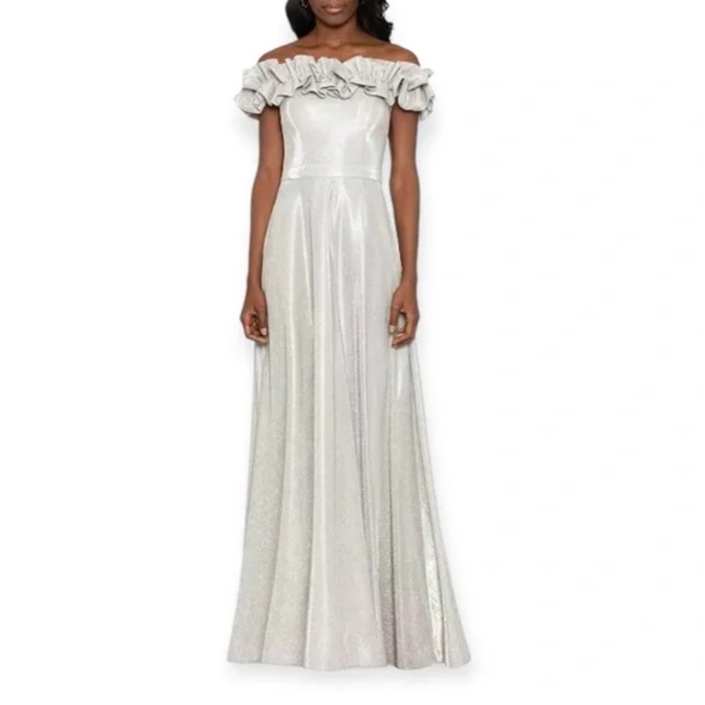 Xscape Women's Off the Shoulder Ruffle Metallic Glitter Gown has Pockets size 6P